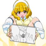  anus blonde_hair blush censored covering covering_crotch drawing hairband holding holding_sign kise_yayoi kneehighs looking_at_viewer no_nose no_pants no_shoes open_mouth panties panties_aside precure pussy reverse_x-ray short_hair sign sketchbook smile_precure! solo spread_legs spread_pussy sweater underwear uyuu white_hairband white_legwear yellow_eyes 