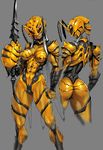  antennae armor ass bodysuit breasts gloves helmet highres lips medium_breasts multiple_views original po-ju revision sketch sword thick_thighs thighs weapon work_in_progress yellow_bodysuit 