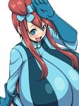  1girl artist_request blue_eyes breasts fuuro_(pokemon) gigantic_breasts gloves gym_leader inu1tou open_mouth pokemon red_hair 