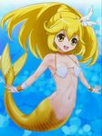  :d bikini_top blonde_hair choker cure_peace hair_flaps highres kise_yayoi long_hair mermaid monster_girl monsterification navel open_mouth precure rasukaru shell shell_bikini smile smile_precure! solo wrist_cuffs yellow_eyes 