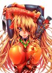  1girl arms_up bad_id bad_pixiv_id blood bloody_knife blue_eyes bodysuit boxcutter breasts entrails evangelion:_3.0_you_can_(not)_redo eyepatch eyepatch_removed guro highres knife large_breasts long_hair maggot multicolored multicolored_bodysuit multicolored_clothes neon_genesis_evangelion orange_bodysuit organs plugsuit rebuild_of_evangelion red_bodysuit shikinami_asuka_langley smile solo souryuu_asuka_langley 