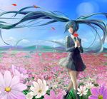  absurdly_long_hair aqua_eyes aqua_hair bad_id bad_pixiv_id cosmos_(flower) day field floating_hair flower flower_field formal hatsune_miku long_hair looking_away necktie outdoors petals saihate_(vocaloid) skirt sky smile solo twintails very_long_hair vocaloid wind yache 