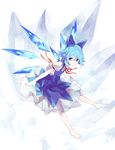  arm_ribbon barefoot blue_dress blue_eyes blue_hair bow cirno dress hair_bow looking_at_viewer puffy_sleeves ribbon shihou_(g-o-s) shirt short_hair short_sleeves smile solo touhou wings 