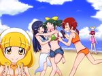  aoki_reika beach bikini blonde_hair blue_eyes blue_hair blue_sarong blush bow candy_(smile_precure!) closed_eyes cloud creature day double_v green_hair grin hair_bow hairband hino_akane_(smile_precure!) hoshizora_miyuki kise_yayoi kuon_(nokokopopo) long_hair midorikawa_nao multiple_girls o_o ocean one-piece_swimsuit open_mouth outdoors pink_hair ponytail precure red_hair sarong short_hair sky smile smile_precure! squatting swimsuit twintails v white_hairband yellow_eyes 