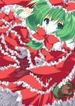  bow frills front_ponytail green_eyes green_hair hair_bow kagiyama_hina open_mouth solo too_many too_many_frills touhou umino_mizu 