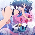  ass bare_legs bikini bikini_top blue_eyes bow brown_hair bubble denim denim_shorts diving frilled_bikini frills gen_5_pokemon jellicent long_hair lowres onaramaru oshawott pokemon pokemon_(creature) pokemon_(game) pokemon_bw shorts swimsuit tirtouga touko_(pokemon) underwater 