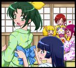  :d aoki_reika black_border blonde_hair blue_bow blue_eyes blue_hair blush border bow candy_(smile_precure!) closed_eyes creature dressing dressing_another green_eyes green_hair hair_bow hair_ornament hairclip hino_akane_(smile_precure!) hoshizora_miyuki japanese_clothes kimono kise_yayoi kuon_(nokokopopo) long_hair midorikawa_nao multiple_girls open_mouth orange_eyes pink_hair ponytail precure red_hair smile smile_precure! twintails yellow_bow yellow_eyes 