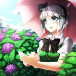  bad_id bad_pixiv_id black_hairband blue_eyes bow flower hair_ribbon hairband hydrangea konpaku_youmu open_mouth rain ribbon sayuma short_hair short_sleeves silver_hair solo touhou umbrella 