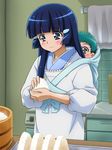  aoki_reika aqua_hair baby baby_carrier babywearing bangs blue_eyes blue_hair blunt_bangs blush bucket cooking counter eyelashes food green_eyes hair_ornament hairclip highres housewife if_they_mated indoors japanese_clothes kappougi kitchen long_hair looking_down mameshiba ohitsu onigiri precure rice smile smile_precure! towel towel_rack 