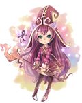  absurdres animal_ears black_legwear blush boots chibi ears_through_headwear fairy fukafusa green_eyes hat highres league_of_legends long_hair looking_at_viewer lulu_(league_of_legends) pantyhose pix purple_hair smile solo staff very_long_hair witch_hat 