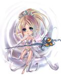  absurdres ankle_wrap armor bare_shoulders barefoot blonde_hair blush breasts bustier chibi fukafusa green_eyes highres janna_windforce league_of_legends long_hair medium_breasts midriff navel pointy_ears solo staff tiara 