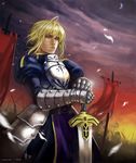  1girl ahoge armor armored_dress army blonde_hair dress excalibur fate/stay_night fate_(series) faulds flag gauntlets green_eyes hair_ribbon hands_on_hilt juhaihai lips planted_sword planted_weapon realistic ribbon saber solo sword weapon 