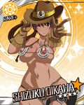  alternate_costume bikini black_hair breasts brown_eyes butcha-u card_(medium) card_parody character_name cinderella_girls_card_parody cowboy_hat fringe_trim gloves gun handgun hat holster idolmaster idolmaster_cinderella_girls large_breasts lasso nippleless_clothes nipples oikawa_shizuku one_eye_closed pistol short_hair smile solo sun_(symbol) swimsuit tan weapon wide_hips 