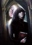  bible brown_hair church command_spell cross cross_necklace fate/zero fate_(series) highres jewelry kotomine_kirei m_fin male_focus necklace realistic solo stained_glass veil 