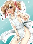  akino_shuu apron bow brown_hair covered_nipples embarrassed flat_chest flying_sweatdrops frills hair_ribbon naked_apron open_mouth red_eyes ribbon short_twintails silica solo sword_art_online tears twintails wavy_mouth 