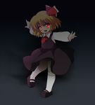  asyura7 blonde_hair fang glowing glowing_eyes hair_ribbon long_sleeves mary_janes open_mouth outstretched_arms red_eyes ribbon rumia shoes short_hair solo touhou 