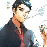  aqlism black_eyes black_hair doujima_ryoutarou facial_hair lighter looking_at_viewer male_focus necktie persona persona_4 sideburns smirk smoking solo stubble zippo_(object) 