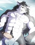  anthro balls beast bed biceps big_muscles body_markings canine censor_bar censored chest_tuft debirobu erection fur glans humanoid_penis lying male mammal markings muscles nipples nude pecs penis pose rouen scar shining_(series) shining_tears shining_wind solo top_less topless tuft video_games wolf 