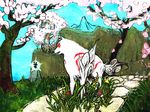  cherry_blossoms flower issun ma_nyan_(nyao_mao_nyao) no_humans ookami_(game) tattoo traditional_media tree wolf 