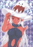  1girl bare_shoulders breasts c163 dragon_quest dragon_quest_x erect_nipples hat horns large_breasts long_hair monster_girl navel ogre_(dq10) pointy_ears ponytail red_eyes red_skin scarf smile solo spikes tail tattoo white_hair 