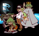  alternate_costume baseball_cap basketball child crown full_body green_eyes green_hair hat king matanonki multiple_boys n_(pokemon) pokemon pokemon_(game) pokemon_bw ponytail smile team_plasma toy 