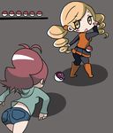  ace_trainer_(pokemon) ace_trainer_(pokemon)_(cosplay) bad_id bad_pixiv_id boots cosplay drill_hair gameplay_mechanics grey_background hoshino. look-alike mahou_shoujo_madoka_magica master_ball multiple_girls pantyhose parody poke_ball poke_ball_(generic) pokemon pokemon_(game) pokemon_bw sakura_kyouko simple_background tomoe_mami touko_(pokemon) touko_(pokemon)_(cosplay) twin_drills twintails 