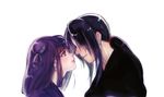  1girl basilisk_(manga) black_hair blue_eyes couple from_side graphite_(medium) hair_over_eyes hetero hotarubi long_hair mixed_media ponytail profile purple_hair shiratake short_hair side_ponytail traditional_media yashamaru 