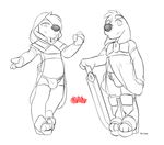  anthro brian_griffin bulge canine clothing dog duo ear_piercing family_guy hood jasper male mammal mewdles midriff piercing plain_background sword weapon white_background 