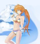  bikini brown_hair food food_on_face highres ice_cream ice_cream_on_face long_hair lyrical_nanoha mahou_shoujo_lyrical_nanoha_strikers navel open_mouth purple_eyes side_ponytail solo sonyntendo swimsuit takamachi_nanoha 