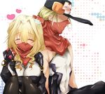  1girl blonde_hair blush breasts cleavage closed_eyes couple fingerless_gloves flower gloves hair_flower hair_ornament haruki_rise hat hetero kyoukaisenjou_no_horizon large_breasts long_hair mary_stuart ninja pantyhose scarf short_hair tenzou_crossunite 