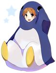  :d androgynous animal_costume arm_up azumanga_daiou bad_id bad_pixiv_id bird ears mihama_chiyo open_mouth orange_eyes orange_hair penguin penguin_costume short_hair simple_background smile solo star suika-tk teeth 