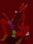  anal_masturbation anthro bad_dragon baddragon balls blue blue_eyes breath canine cum eyes fox fur iko knot male mammal masturbation penis plain_background red red_background red_fur red_theme solo 