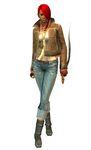  1girl 3d alternate_costume capcom dark_skin denim devil_may_cry devil_may_cry_2 fingerless_gloves gloves highres jacket jeans lucia_(devil_may_cry) official_art pants red_hair solo 