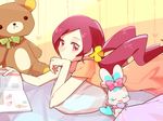  31_(bluesan) book bow chypre_(heartcatch_precure!) hanasaki_tsubomi heartcatch_precure! long_hair lying on_stomach pillow pink_bow pink_eyes pink_hair precure stuffed_animal stuffed_toy twintails 