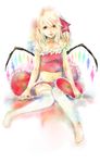  adapted_costume bad_id bad_pixiv_id bare_shoulders blonde_hair flandre_scarlet full_body highres no_hat no_headwear no_shoes patchouligo pillow red_eyes sitting smile solo teenage thighhighs touhou white_legwear wings zettai_ryouiki 