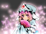  blush bug butterfly fan folding_fan gradient_hair hat holding holding_fan insect japanese_clothes long_sleeves momo_michi multicolored_hair pink_eyes saigyouji_yuyuko sleeves_past_wrists smile solo sparkle touhou triangular_headpiece wide_sleeves 