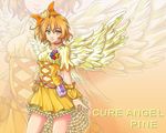  bow brown_eyes brown_hair character_name choker cure_angel_(fresh_precure!) cure_pine expressionless fresh_precure! frills hair_bow hair_ornament heart heart_hair_ornament magical_girl ntk_51 orange_background orange_choker precure short_hair skirt solo wings wrist_cuffs yamabuki_inori yellow_skirt zoom_layer 