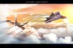  ace_combat_assault_horizon aerial_battle aircraft airplane andrei_markov battle cloud copyright_name dogfight f-22_raptor fighter_jet firing flare highres jet letterboxed military military_vehicle no_humans su-57 william_bishop yakuto007 