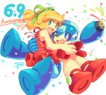  1boy 1girl android arm_cannon blonde_hair blue_eyes blush confetti dress full_body green_eyes happy high_ponytail iroyopon long_hair one_eye_closed open_mouth ponytail red_dress red_footwear rockman rockman_(classic) roll simple_background smile weapon 