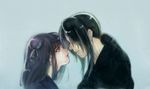  1girl basilisk_(manga) black_hair blue_background blue_eyes couple from_side graphite_(medium) hair_over_eyes hetero hotarubi long_hair mixed_media ponytail profile purple_hair sad shiratake short_hair side_ponytail tears traditional_media yashamaru 