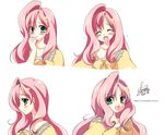  2012 :d aqua_eyes butterfly_hair_ornament closed_eyes dated earrings fluttershy from_side hair_ornament jewelry my_little_pony my_little_pony_friendship_is_magic open_mouth personification pink_hair sad sakurano_tsuyu signature smile tears v-shaped_eyebrows watermark web_address white_background 