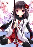  black_hair black_legwear blush flower hair_flower hair_ornament holding horns inu_x_boku_ss irori japanese_clothes long_hair looking_at_viewer panties purple_eyes shirakiin_ririchiyo sitting solo thighhighs underwear wariza white_panties 