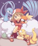  :d ;d altaria animal bandana bike_shorts bird blue_eyes blush brown_hair cloud creature gen_3_pokemon gen_5_pokemon gloves gulpin haruka_(pokemon) kuro_(kuroneko_no_kanzume) lying o3o one_eye_closed open_mouth pokemon pokemon_(creature) pokemon_(game) pokemon_rse scraggy sitting smile torchic wince 