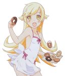  apron blonde_hair blush cowboy_shot doughnut fang food long_hair looking_at_viewer monogatari_(series) naked_apron nisemonogatari open_mouth oshino_shinobu pon_de_ring shirohebidou simple_background solo tray white_background yellow_eyes 