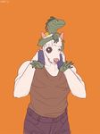  amit bull_terrier canine clothing iguana lizard mammal orange_background pants piggyback plain_background reptile scalie shirt 