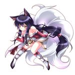  ahri animal_ears bare_shoulders blue_hair breasts cleavage detached_sleeves elk_(huge) facial_mark fox_ears fox_tail kneehighs korean_clothes league_of_legends long_hair medium_breasts multiple_tails ponytail smile solo tail whisker_markings white_background yellow_eyes 