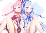  2girls :d absurdres back-to-back blue_hair blue_ribbon blush brown_dress commentary_request dress fingernails hair_ribbon hamayuu_(litore) highres knees_together_feet_apart knees_up kotonoha_akane kotonoha_aoi locked_arms long_hair looking_at_viewer multiple_girls open_mouth pink_hair red_eyes red_ribbon ribbon sailor_collar sailor_dress short_sleeves sidelocks sitting smile twitter_username very_long_hair voiceroid white_dress white_sailor_collar 