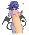  1girl artist_request black_sclera blue_hair demon_girl demon_tail demon_wings enoko_(zqfebi) foreskin heart insertion koonago minigirl nude object_insertion penis pointy_ears purple_hair saliva simple_background tail tongue tongue_out uncensored urethral_insertion white_background wings yellow_eyes 