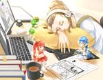  blue_hair blush brown_hair chibi closed_eyes coffee computer cup drawing green_eyes green_hair hat headphones holding holding_pen holding_stylus inking j.w laptop long_hair monitor multiple_girls o_o open_mouth original painttool_sai pen pillow red_eyes red_hair short_hair sitting sleeping smile tablet tears twintails 