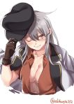  1girl black_gloves blouse breasts collarbone ebifurya facial_scar gangut_(kantai_collection) gloves hat highres jacket jacket_on_shoulders kantai_collection large_breasts long_hair military_hat military_jacket one_eye_closed open_blouse open_clothes orange_eyes peaked_cap scar scar_on_cheek shiny shiny_skin short_sleeves smile solo twitter_username upper_body white_background white_jacket 